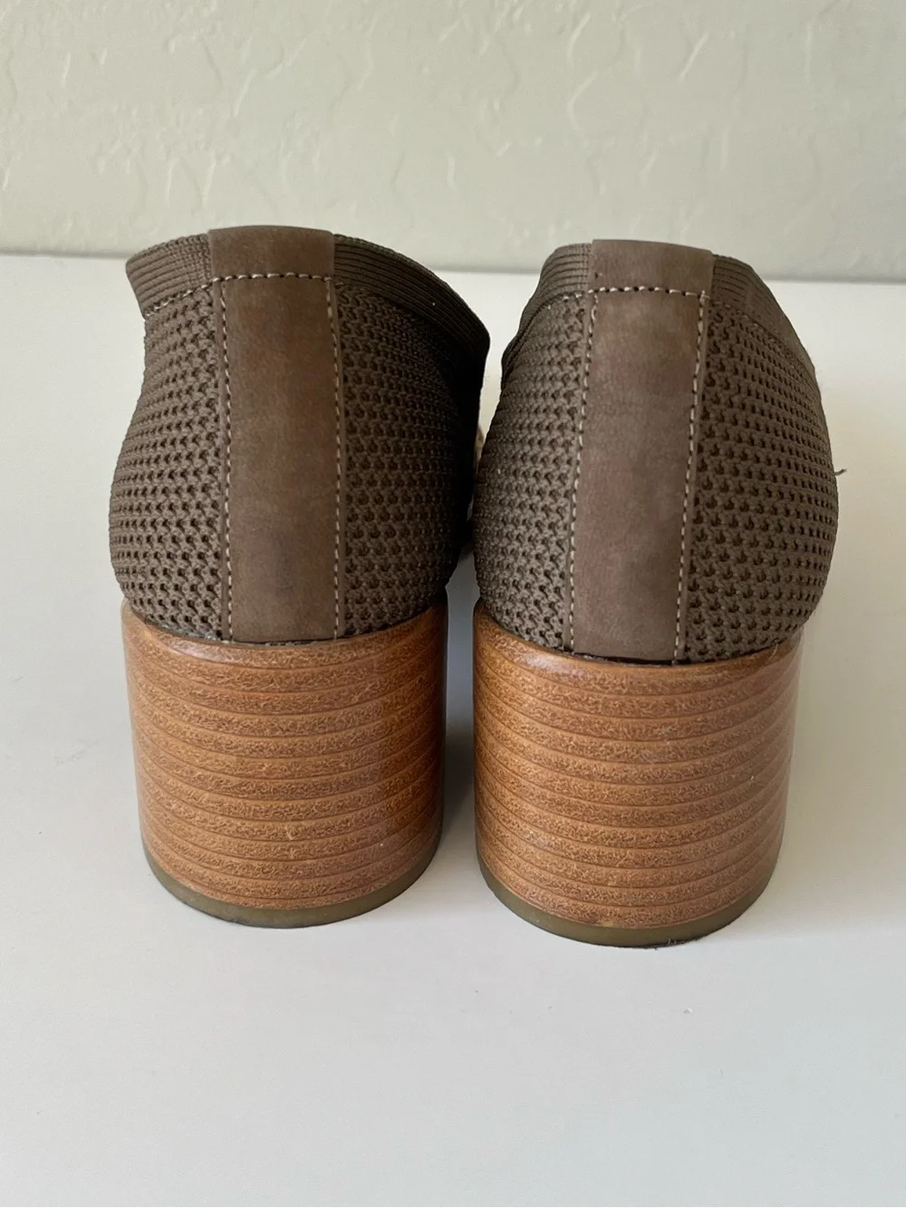 Eileen Fisher Dern Stretch Knit Block Heel Loafers Olive Grey Size 7.5